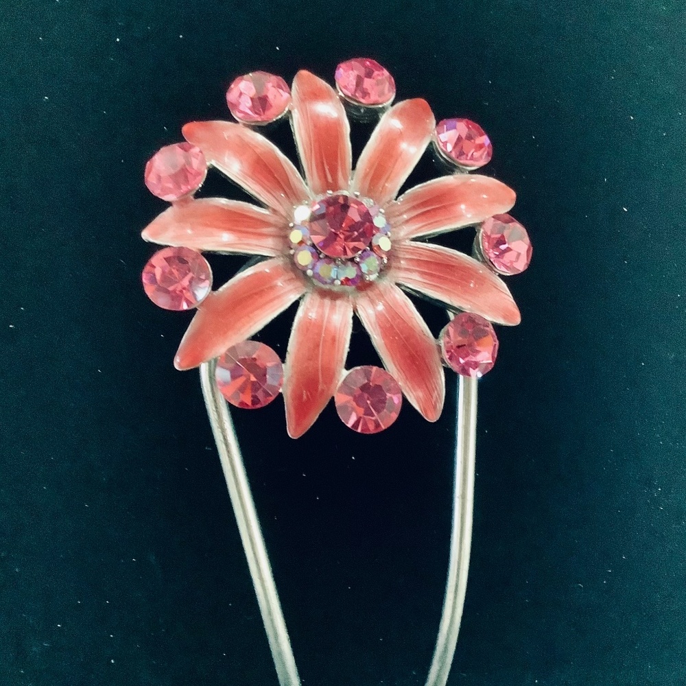 Vintage Elegant Hair Stick Pink Crystal Jeweled Flower